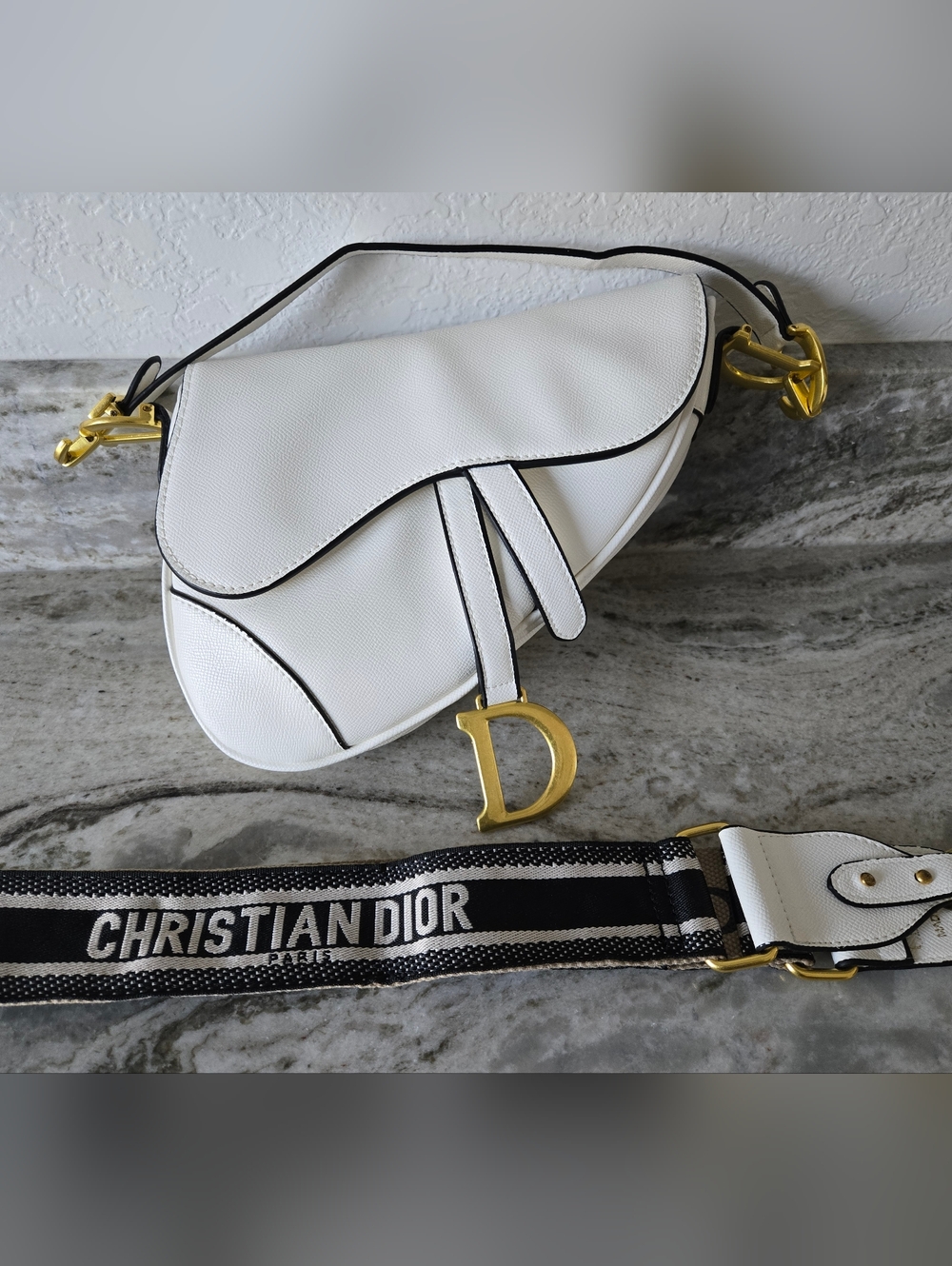 Dior CD White Leather Saddle Bag with Gold Hardware Shoulder Crossbody Bag
